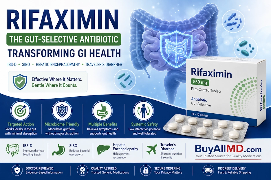 Rifaximin — gut-selective antibiotic for IBS-D, SIBO, and hepatic encephalopathy, generic alternative to Xifaxan