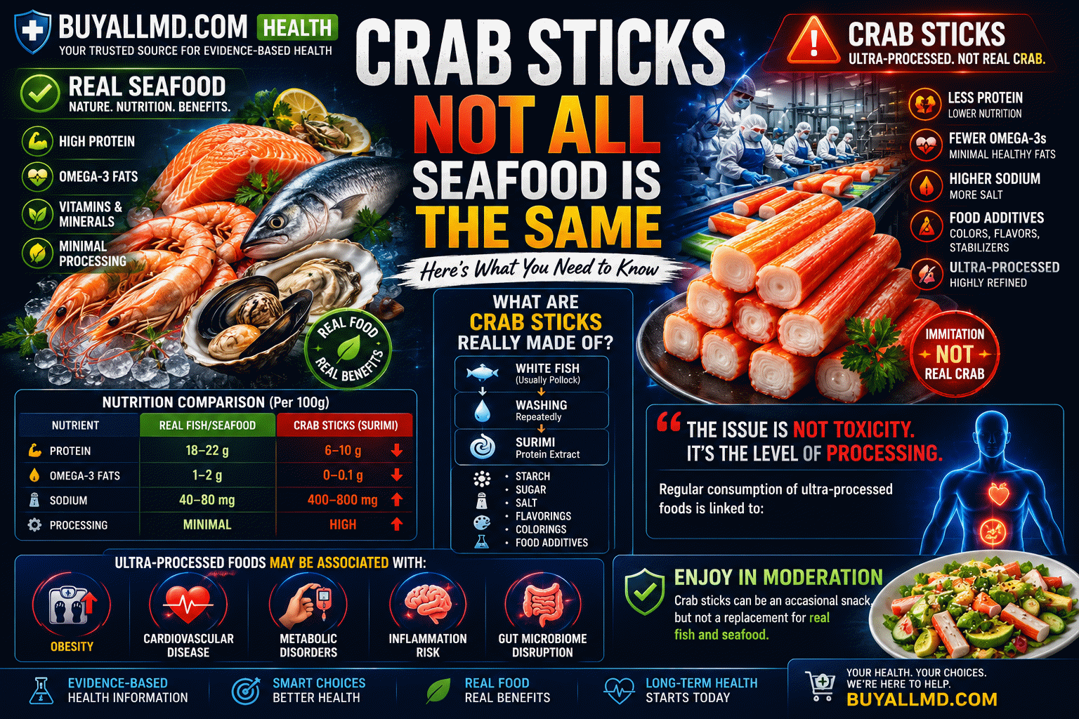 Surimi production process — white fish fillet washed repeatedly, mixed with starch, sugar, salt, flavorings and colorings to mimic crab meat