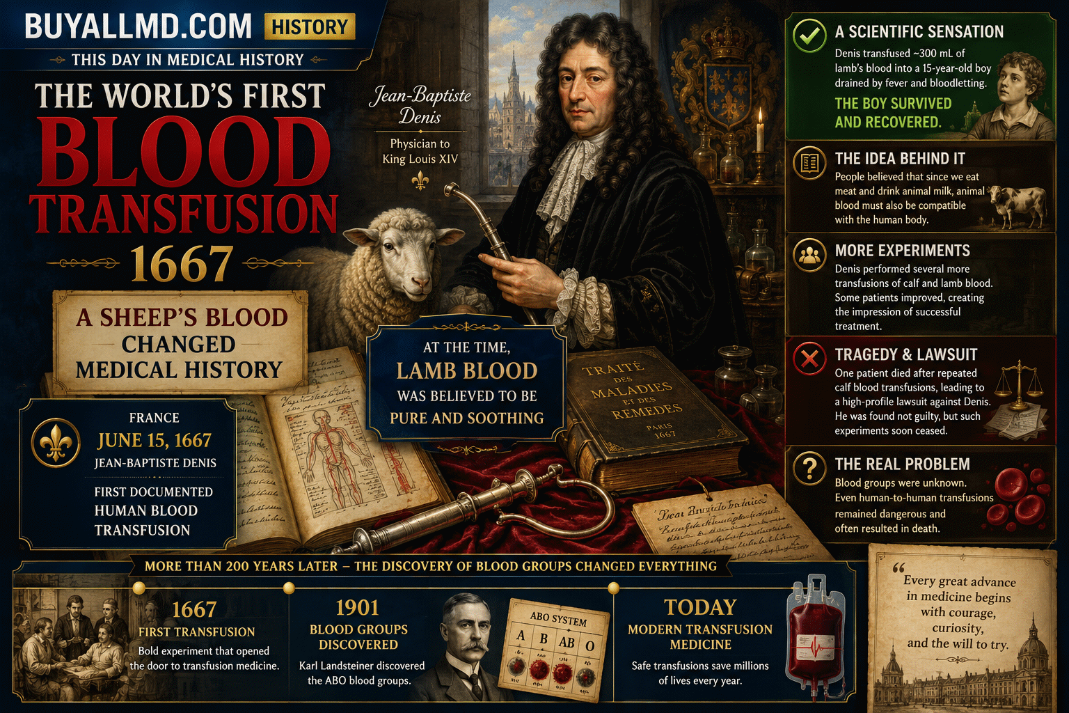 Jean-Baptiste Denis performing the first documented blood transfusion to a human — 300 ml of lamb blood via silver cannula on June 15, 1667