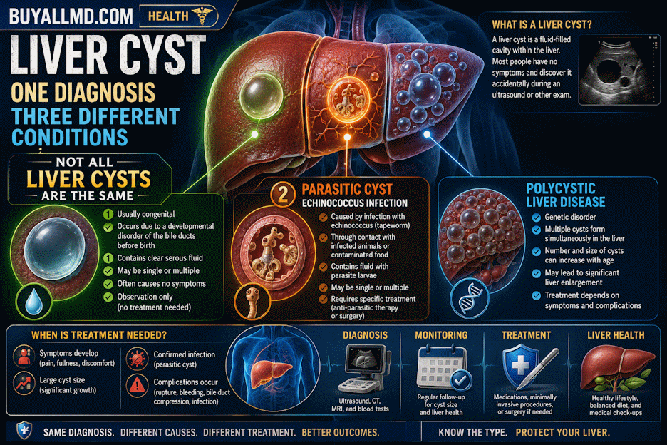 Liver cysts — simple cyst (serous fluid), parasitic cyst (echinococcosis), and polycystic liver disease (multiple cysts)