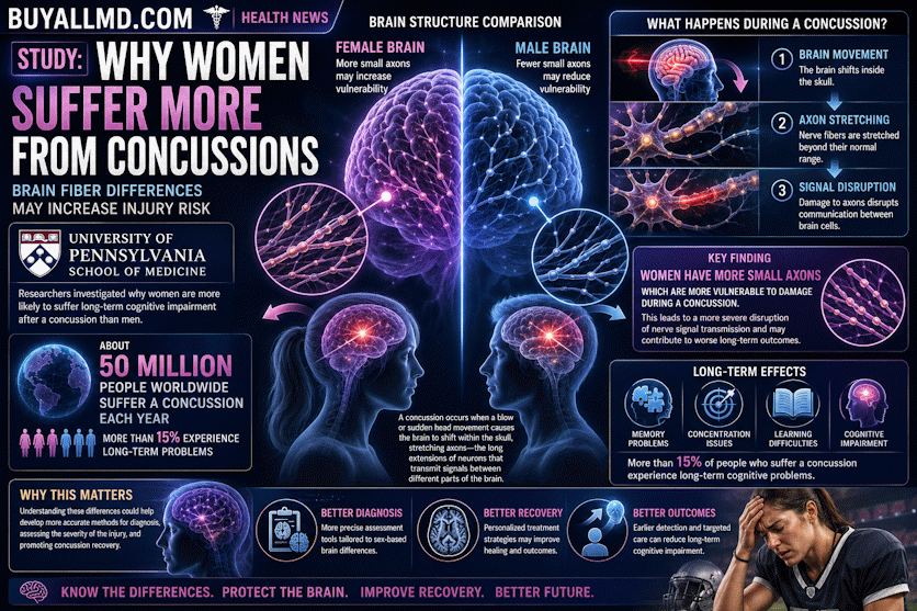 Brain neurons showing axonal damage after concussion — smaller axons in women may be more vulnerable to injury