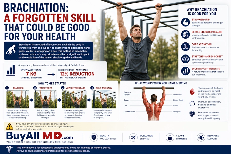 Brachiation — swinging from bars improves grip strength, shoulder mobility, and core activation