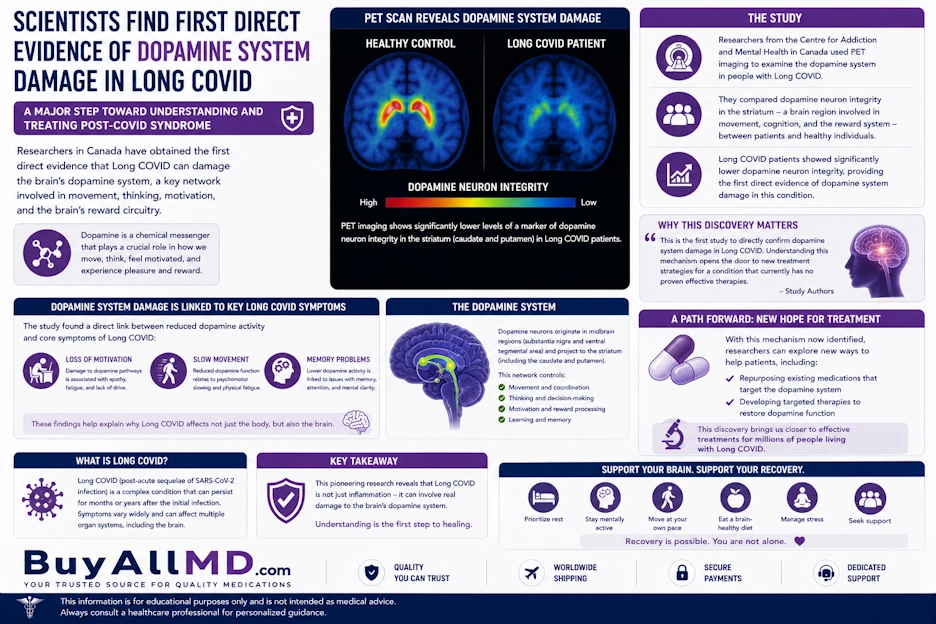 Dopamine system damage in Long COVID — CAMH PET imaging study shows reduced dopamine neuron integrity in the striatum
