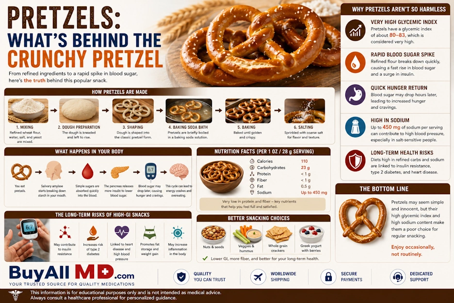 Pretzels: What's Behind the Crunchy Snack — glycemic index and health risks infographic