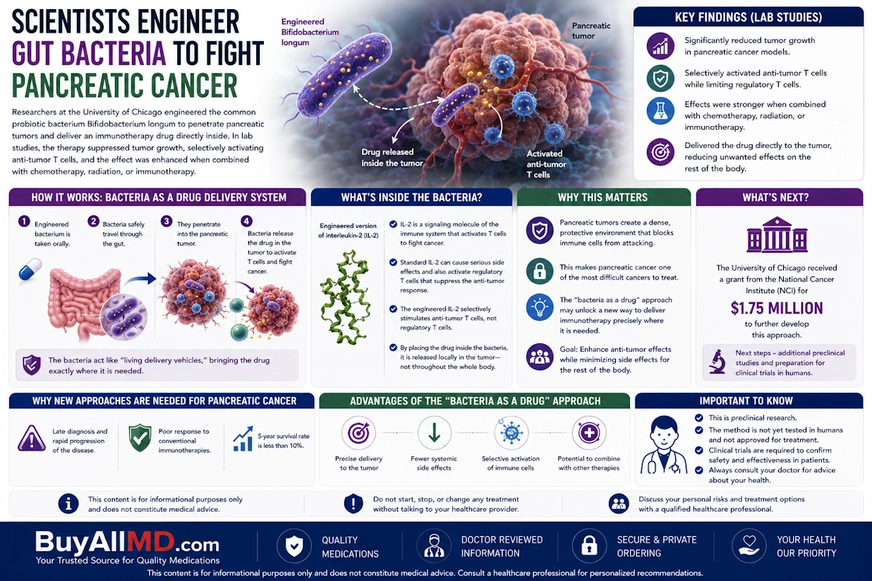 Engineered gut bacteria Bifidobacterium longum delivers immunotherapy directly into pancreatic tumors — University of Chicago research